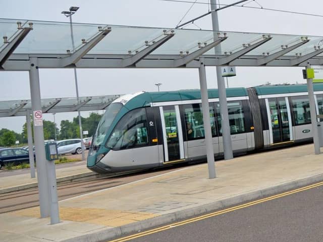 A tram at Beeston Centre tram stop