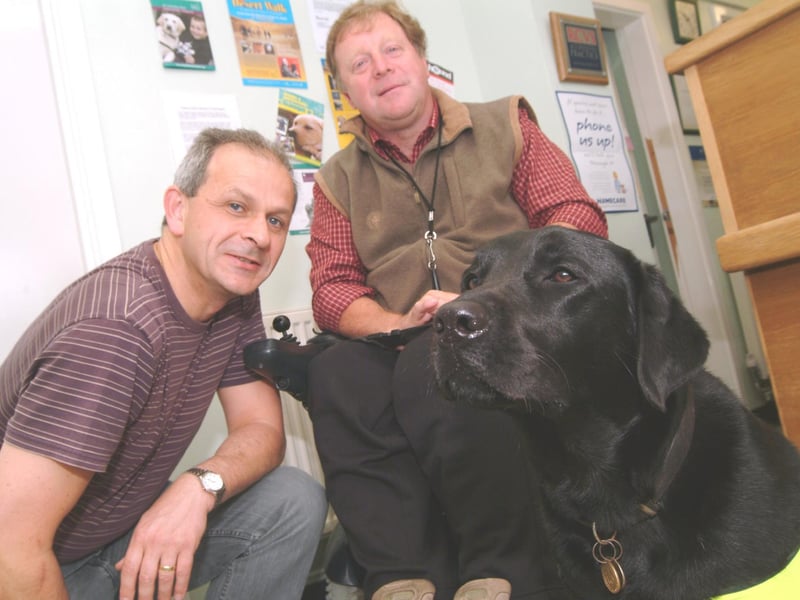 Ashfield Vet Frank Flynn, set to take part in a fundraising event for Dogs for the Disabled. Frank is pictured with Ken Heathcote of Kirkby and his Dog For The Disabled, Petra, who was 3 in this photo.