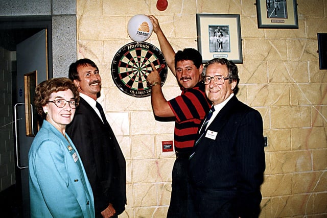 The official opening of the Sports Bar at the Dome, Doncaster.  LTOR Lena Gallimore, Neil Littlewood, Dennis Priestley and Gordon Gallimore, in 1996