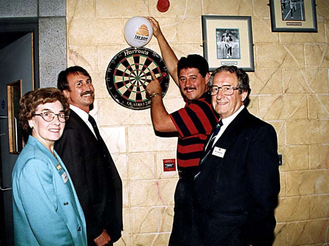 The official opening of the Sports Bar at the Dome, Doncaster. LTOR Lena Gallimore, Neil Littlewood, Dennis Priestley and Gordon Gallimore, in 1996