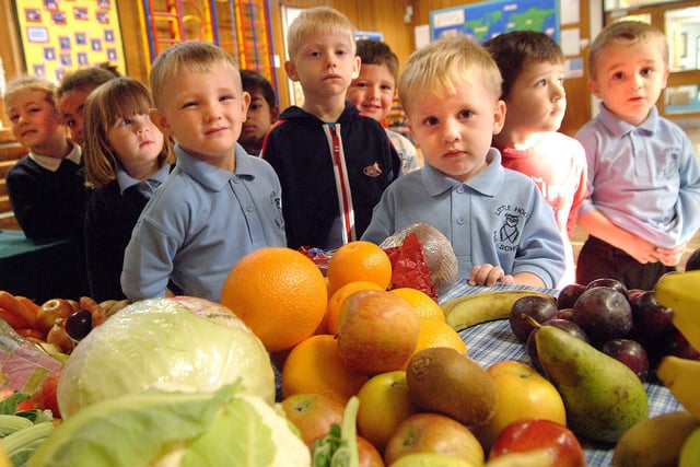 Harvest festival at Brookfield Primary School in 2007. Pictured are the Little Hoots pre-school class. The produce donated by local families was given to Bassett House care home in Shirebrook.