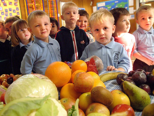 Harvest festival at Brookfield Primary School in 2007. Pictured are the Little Hoots pre-school class. The produce donated by local families was given to Bassett House care home in Shirebrook.