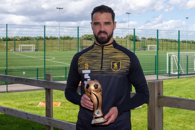 A proud Stephen McLaughlin with his Supporters' player of the season award, as voted for by supporters on the Stags' official website mansfieldtown.net, which had just ben handed to him by manager Nigel Clough.