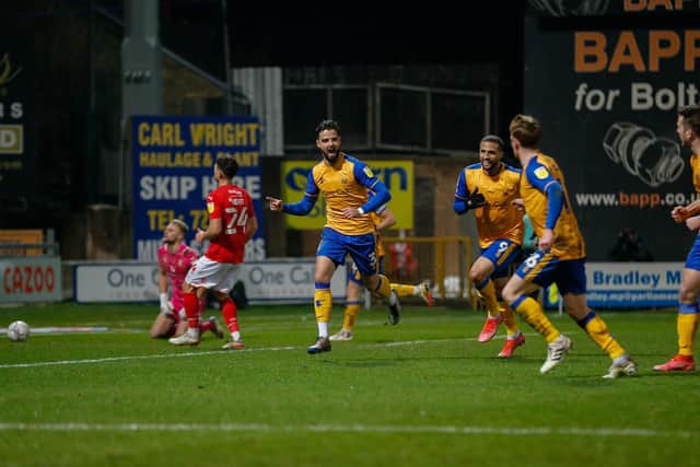 Mansfield Town defender Stephen McLaughlin celebrates after scoring from the penalty spot. Photo by Chris Holloway / The Bigger Picture.media