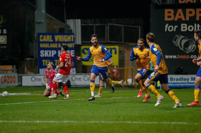 Mansfield Town defender Stephen McLaughlin celebrates after scoring from the penalty spot. Photo by Chris Holloway / The Bigger Picture.media