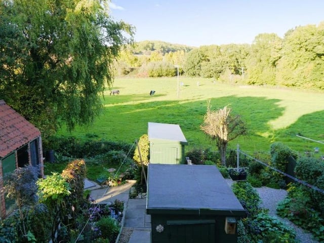 Another shot of the back garden, which also includes paved paths and a patio area.