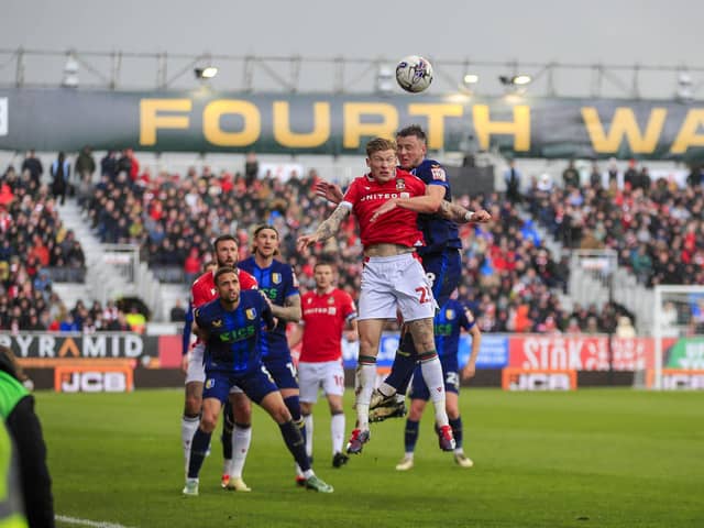 Action during the Sky Bet League 2 match against Wrexham AFC at the STōK Cae Ras, 29 Mar 2024Photo credit : Chris & Jeanette Holloway / The Bigger Picture.media