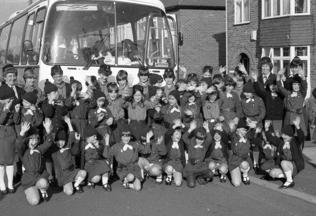Woodhouse Girl Guides and Brownies en route to a trip to London in 1983