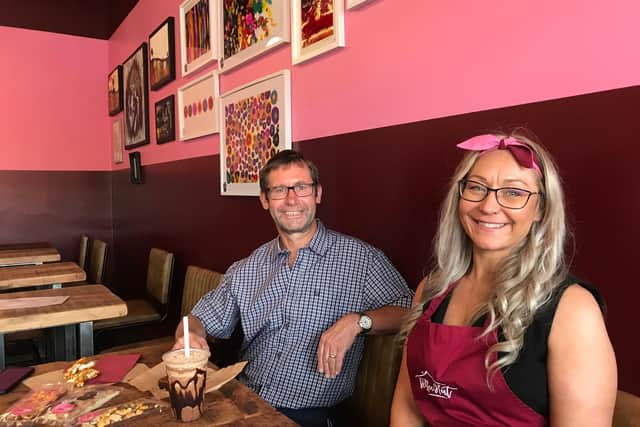 Mayor Andy Abrahams with Toffee Hut owner Rachel Richards