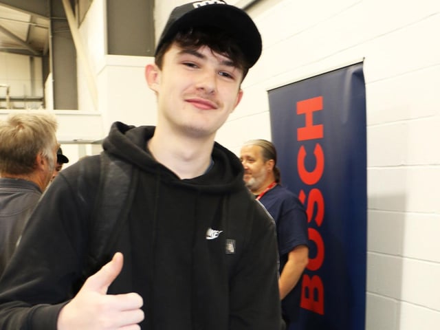 Intermediate bricklaying student Mikey Thompson had a go on the Soudal time challenge machine
