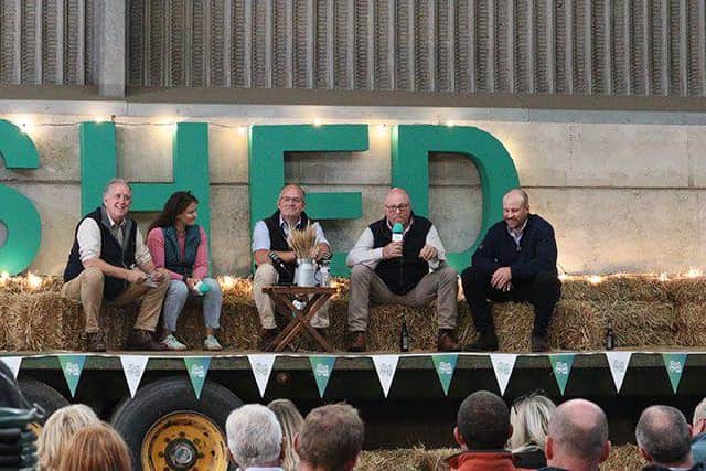 Farmers Richard Walters, Bizza Walters, NFU President Tom Bradshaw, Chris Collingham and Oliver Collingham, NFU Nottinghamshire chair, host a panel discussion at the event.