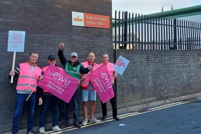 The CWU picket line outside the Royal Mail delivery office at Kirkby last Friday.