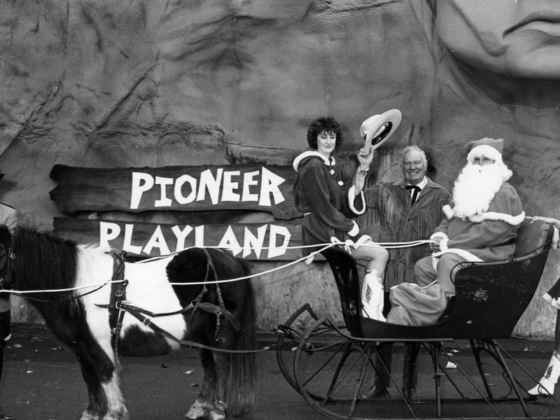 The American Adventure was a theme park in Derbyshire, England, near Nottingham and Derby on the edge of Heanor. It was a popular attraction for many Mansfield and Ashfield residents. However after rides started closing due to lack of visitors in the 2000s, The American Adventure closed its doors in 2007. Pictured: Santa arriving at Pioneer Playland in  The American Adventure, December 1990.