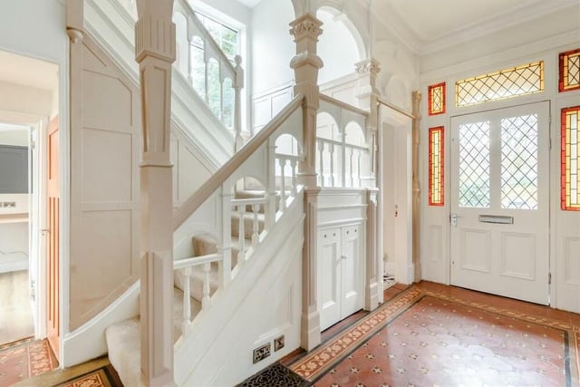 As you step through the front door, you are greeted by this elegant entrance hall, in which many character features have been retained and restored. They include the original tiled floor and coving to the ceiling. Other assets include painted panelled walls and a dog-leg staircase rising to the first floor.