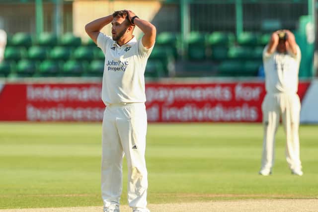 Dane Paterson reacts during the LV= Insurance County Championship match between Essex and Nottinghamshire. (Photo by Jacques Feeney/Getty Images)