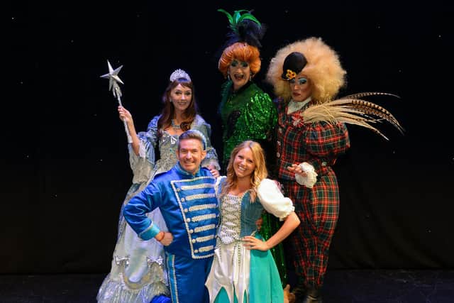 Adam on stage last year, pictured are Melanie Walters as the Fairy Godmother, Adam as Buttons, Olivia Birchenough as Cinderella and Jamie Morris and Tarot Joseph as the Ugly Sisters