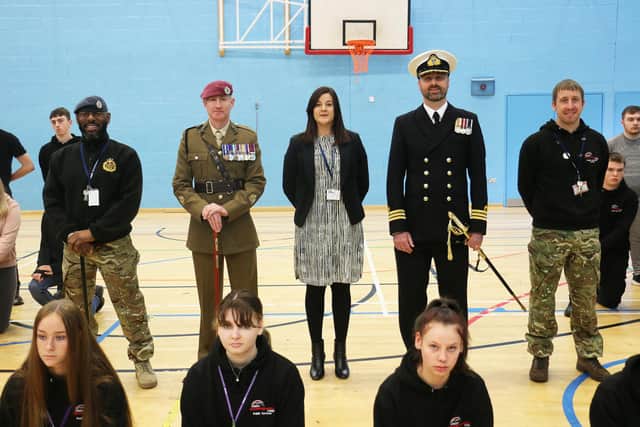 Tutors and students met RSM Wayne Hall and Lt Cdr John Coates in the college's sports hall.