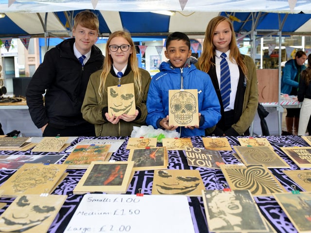 Junior Enterprise 2017 at Mansfield Market, pictured are students from Kirkby College from left Ethan Hemstock, 13, Libby Brierley, 13, Shafiqe Oppal, 13 and Leah Farley, 13