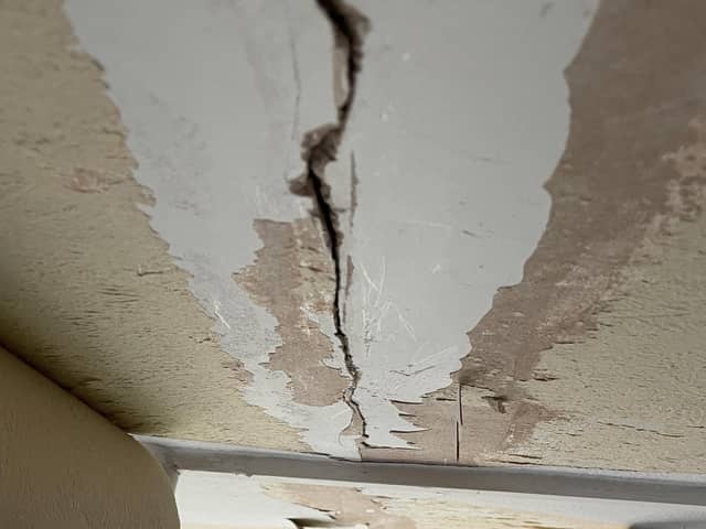 The cracks that have appeared in the ceiling of Rob Smith's flat at Charlesworth Court in Mansfield Woodhouse. He believes they have been caused by subsidence.