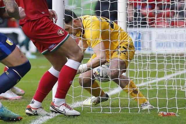 This effort looks over the line for Stags at Walsall, but no goal was awarded. Photo by Chris & Jeanette Holloway/The Bigger Picture.media