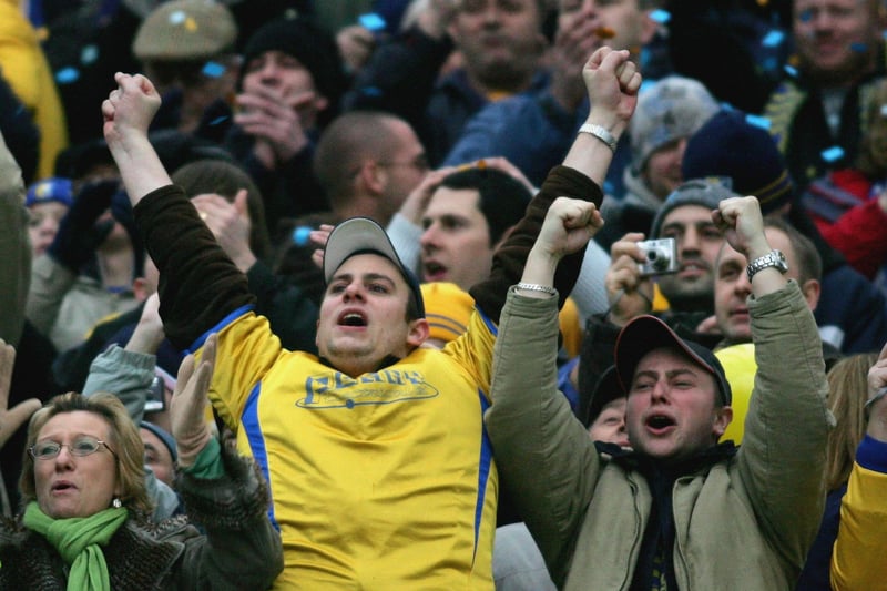 Mansfield supporters cheer on their team during the F.A Cup Third Round match between Newcastle United and Mansfield Town at St.James' Park on January 7, 2006. Stags put in a great performance before going down 1-0 thanks to Alan Shearer's 80th minute winner.