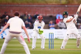 Joe Clarke plays a shot as Steve Davies of Somerset looks on during Day One of the LV= County Championship match between Somerset and Nottinghamshire at Taunton. (Photo by Harry Trump/Getty Images)