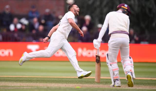 Dane Paterson celebrates the wicket of Lewis Goldsworthy. (Photo by Harry Trump/Getty Images)