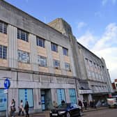 The art deco frontage of the former Beales department store on Queen Street, Mansfield town centre.