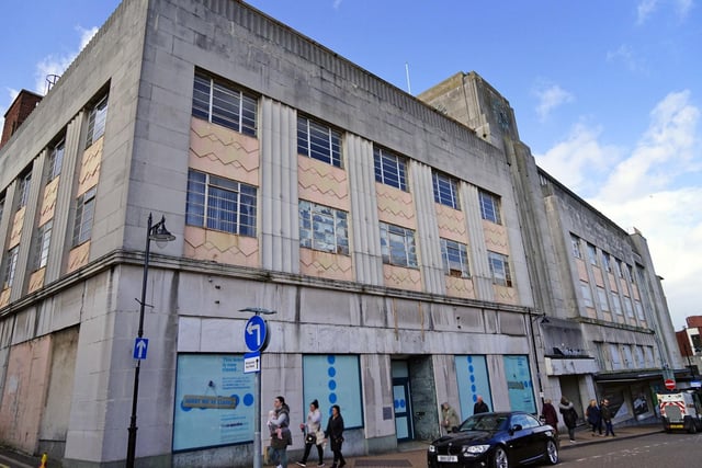 The art deco frontage of the former Beales department store on Queen Street, Mansfield town centre.