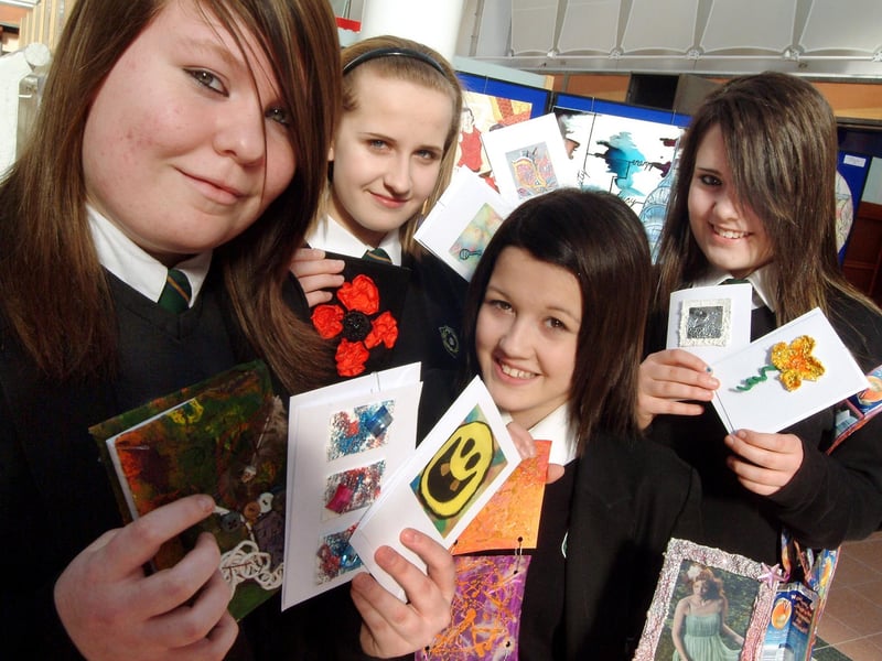 Sutton Idlewells School art display. 2009. Katie Clowes, Bethany Johnson, Leanne Gilby and Sarah Britton from Quarrydale School show off some of their craft items which they produced for the 'Ambitious in Ashfield' project organised by the Nottinghamshire Education Business Alliance and displayed in the Idlewells Centre with other Ashfield Schools.