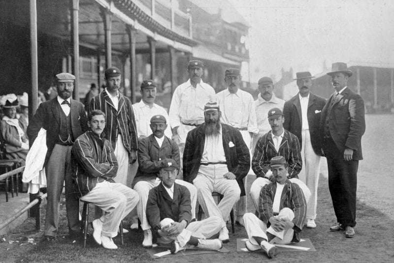 The England Test cricket XI at Nottingham in 1899. England's team in WG Grace's final Test, against Australia at Trent Bridge. The match, the first of that summer's Ashes series, ended in a draw, with Grace scoring 28 and 1. Back row: Dick Barlow (umpire), Tom Hayward, George Hirst, Billy Gunn, Jack Hearne (12th man), Bill Storer (wicketkeeper), Bill Brockwell, VA Titchmarsh (umpire). Middle row: CB Fry, KS Ranjitsinhji, WG Grace (captain), Stanley Jackson. Front row: Wilfred Rhodes, Johnny Tyldesle
