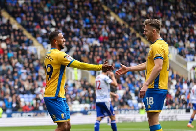 Stags celebrate their opener during the Sky Bet League 1 match against Reading FC at the Select Car Leasing Stadium. 04 Oct 2025. Photo credit : Chris & Jeanette Holloway / The Bigger Picture.media