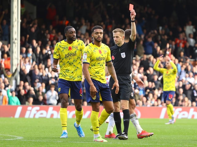 Darnell Furlong receives a red card for a challenge on Harry Wilson. He is one of seven red cards for the Baggies this season.