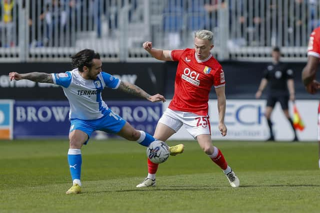 Action during the Sky Bet League 2 match against Barrow AFC at the SO Legal Stadium, 27 April 2024Photo credit : Chris & Jeanette Holloway / The Bigger Picture.media