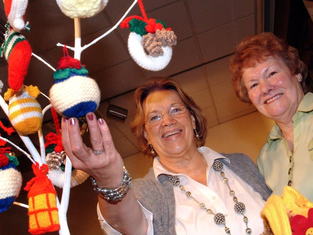 Dorothy Sharpe and Sheila Elliott on the John Eastwood Hospice stall, pictured at the Christmas 2009 market held in Mansfield Museum.