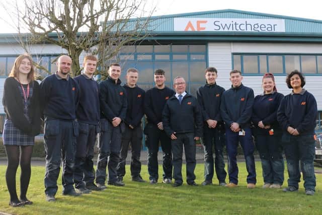 Some of the AF Switchgear apprentices who featured in a college case study in 2022 with manager Mike Ratcliffe, centre.
