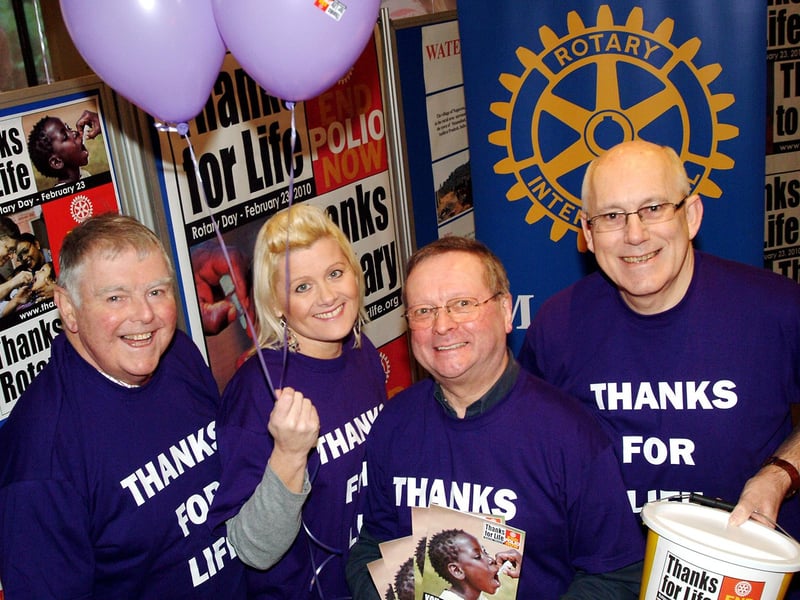 Mansfield Rotarians from left, Howard Baggaley, Diane Carter, Ray Malkowski and Derek Ward pictured at their Polio awareness display and fundraising effort, in the Four Seasons Shopping Centre more than 20 years ago.