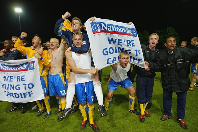Stags players enjoy the moment after seeing off Northampton to book their date in the play-off final.
