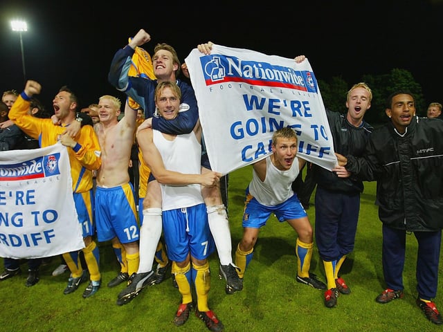 Stags players enjoy the moment after seeing off Northampton to book their date in the play-off final.