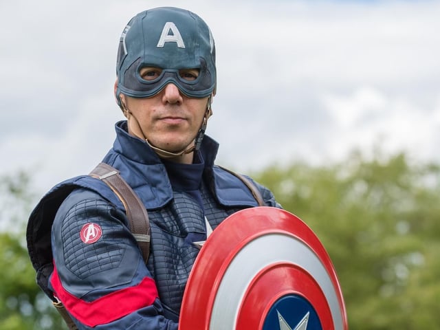 Captain America was roaming around to meet and greet children.