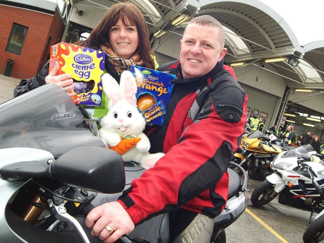 Firefighter Tim Marston and wife Karen arrive at Mansfield Fire Station in 2008 with their Easter goodies