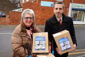 48,000 leaflets containing the controversial views of Lee Anderson were delivered to his office by a leading councillor from Nottinghamshire Liberal Democrats. Pictured are Coun Tim Hallam and Baroness and Coun Kath Pinnock