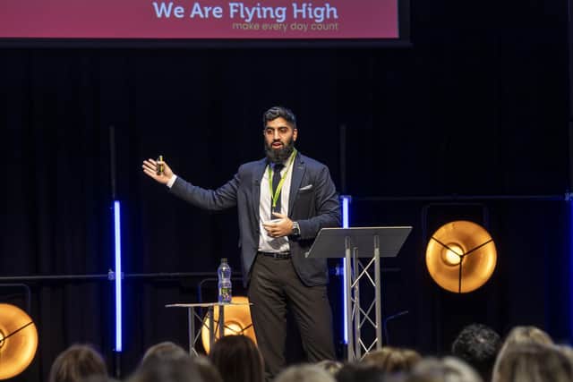 Educating Yorkshire star Musharaf Asghar spoke to Flying High Partnership staff about his journey through school. Photo: Lou Brimble