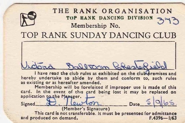 A membership card for The Victoria Ballroom from the 1960s.