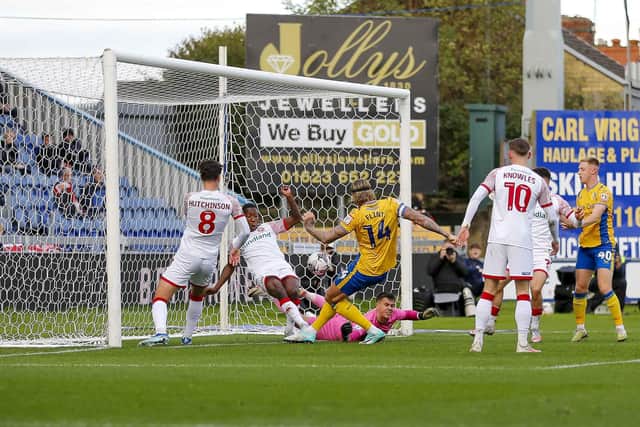 Aden Flint opens the scoring for Stags during the Sky Bet League 2 match against Walsall FC at the One Call Stadium, 28 Oct 2023
Photo credit - Chris & Jeanette Holloway / The Bigger Picture.media