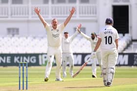 Luke Fletcher of Nottinghamshire appeals for the wicket of Ryan ten Doeschate of Essex lbw for six runs during the LV Insurance County Championship match between Nottinghamshire and Essex at Trent Bridge.  (Photo by Laurence Griffiths/Getty Images)