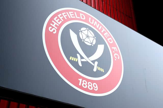 SHEFFIELD, ENGLAND - MAY 23: A general view of the Sheffield United club badge outside the stadium prior to the Premier League match between Sheffield United and Burnley at Bramall Lane on May 23, 2021 in Sheffield, England. Photo by George Wood/Getty Images)