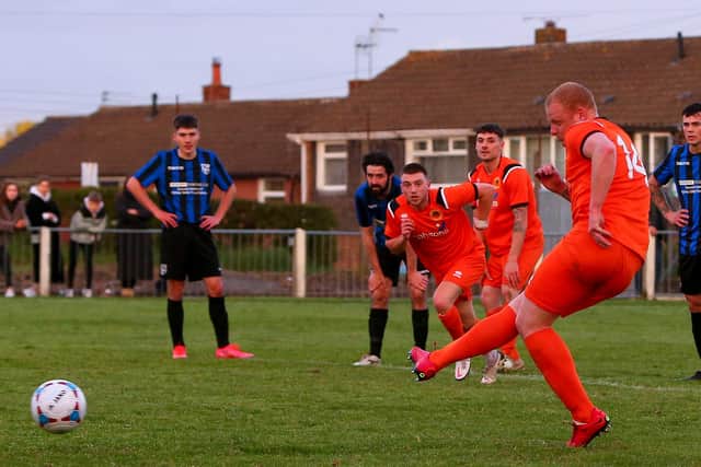 Kieran Wells scores a penalty as Will Norcross and Tim Gregory watch on.