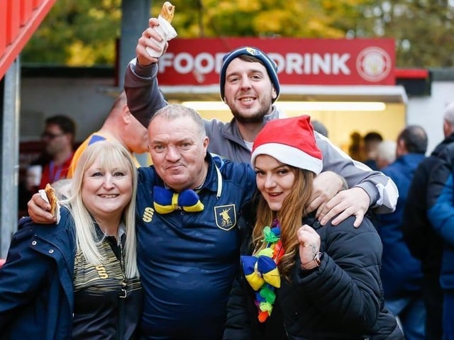 Stags fans enjoy a 2-1 win at Stevenage in 2021.