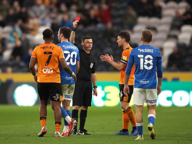 Gary Gardner of Birmingham City is sent off by referee Tony Harrington against Hull City.